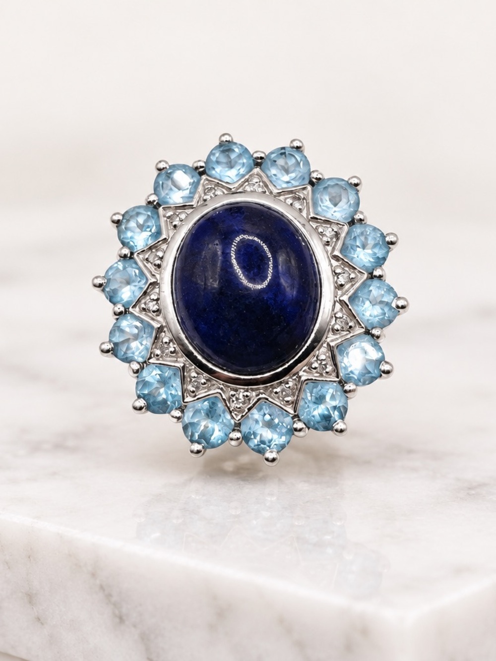Size 7 Sterling Silver Blue Lapis Lazuli and Blue Topaz Gemstones halo Ring